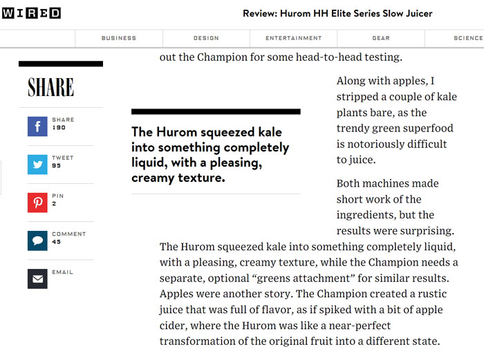 Hurom’s slow juicing technology is praised in an article from Wired, a U.S. tech and culture monthly.