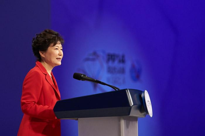 President Park Geun-hye gives the opening speech at the ITU Plenipotentiary Conference at the BEXCO center in Busan on October 20. 