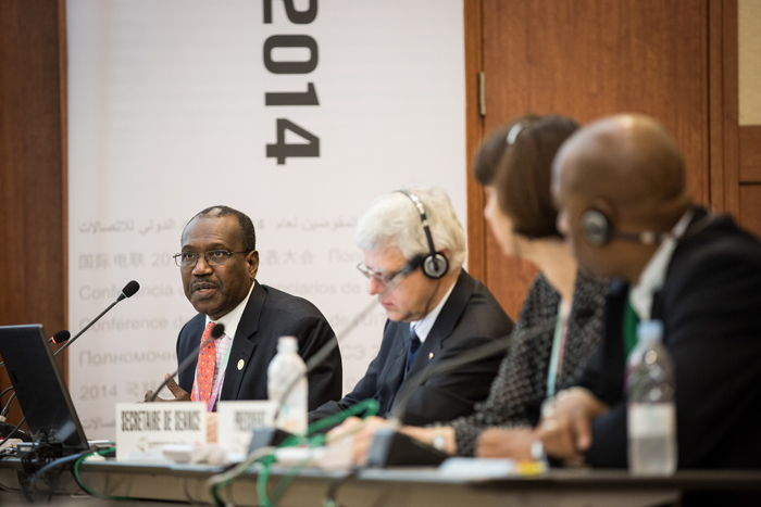 ITU Secretary-General Hamadoun Touré (left) speaks during the ITU Plenipotentiary Conference. 