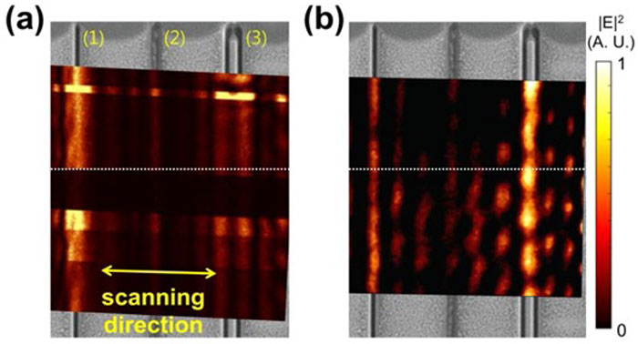 Image A shows the photic signals emitted from the new lens. Image B shows the strength of light that is recorded on a film as thin as the new lens. This test successfully proves that the new lens emits a photic signal. (image courtesy of the Ministry of Science, ICT & Future Planning)