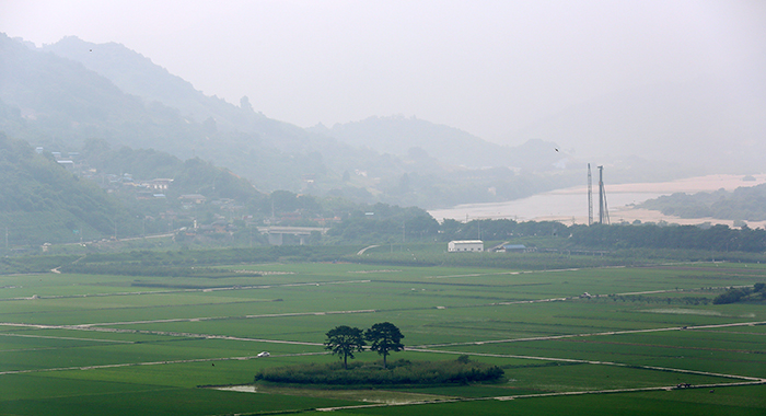 A view of river and field from the House of Choe Champan. The two trees in the middle of the field appear very close to each other like a couple, and are called Couple Pine Trees. (photo: Jeon Han)