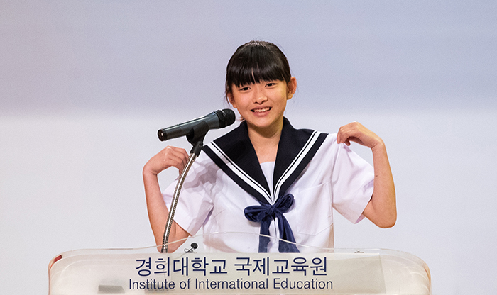 Japanese middle school student Kurata Yotsuha on May 14 gives a speech at the 22nd World Korean Language Speech Contest for Foreigners at Crown Concert Hall of Seoul's Kyung Hee University.