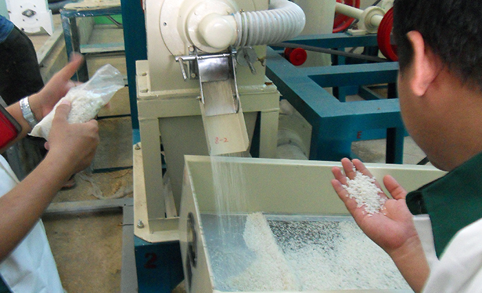 A mechanized rice farming complex includes farming machine storage and maintenance shops and a rice milling plant. 