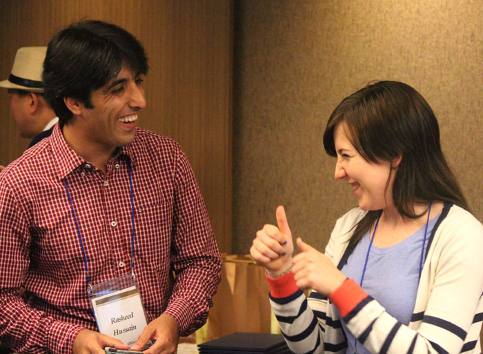 Bloggers Rasheed Hussain from Pakistan and Joanna Darnley from the U.K., both part of this year's team of WKB bloggers, smile during a welcome ceremony at the National Museum of Korea in central Seoul, on June 20. (photo: Wi Tack-whan)