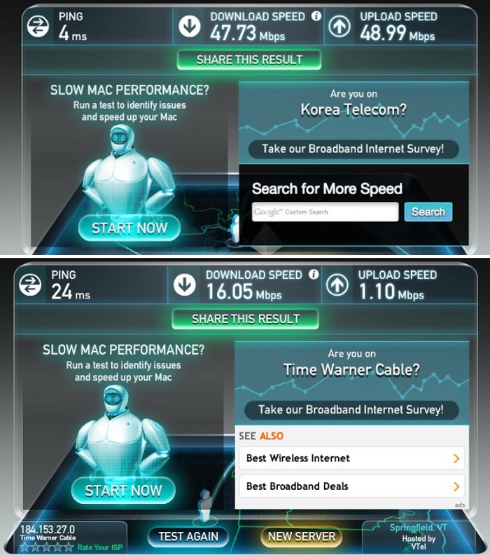 Business Insider writer Steve Kovach compares Internet speeds in Seoul and in his hometown of New York. The test shows that the download speed he got using free WiFi at a café in Seoul was 47.73 Mbps (top), while the one in his Manhattan apartment is much lower, reaching only 16.05 Mbps (bottom).