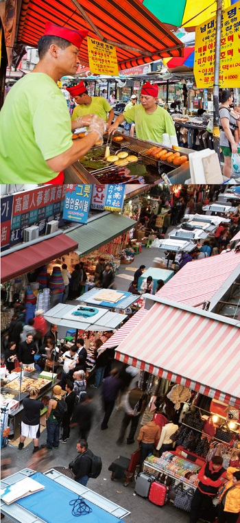 Snack stand (top) at Namdaemun Market. Crowds of shoppers (bottom) at Namdaemun Market © KTO 