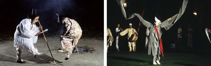 A scene from the five-clown mask dances of Goseong. The <i>bibi</i> ridicules the nobleman. (left) The monk dance from the five-clown mask dances of Goseong.