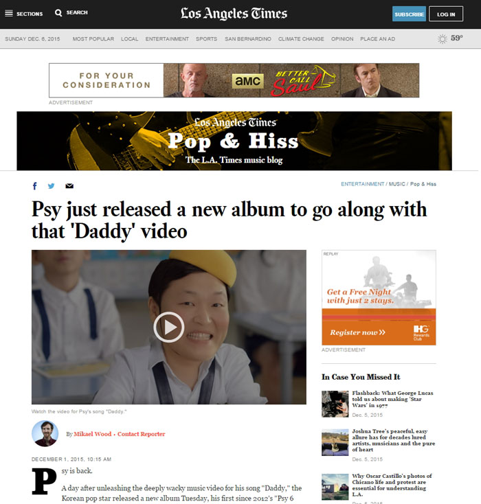 The LA Times writes about Psy’s new album and his song ‘Daddy.’