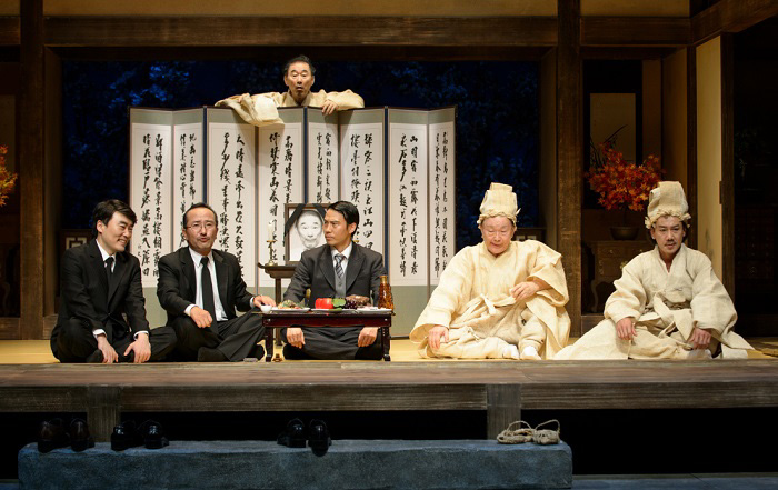 Scenes from the play “Lord Lee Joongsaeng, Alive.” Lee Joong-saeng fakes his own death and his family holds a fake funeral. 