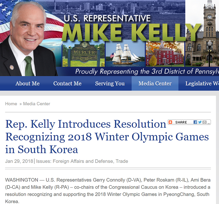 Both the U.S. Senate and the House of Representative on Jan. 29 introduced resolutions in support of the PyeongChang 2018 Olympic and Paralympic Winter Games and for peace on the Korean Peninsula. Rep. Mike Kelly, R-Pa., posted the full text of the resolution on his website.