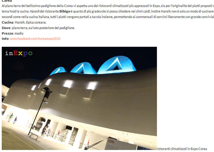 The Korean restaurant is selected as one of the top 10 restaurants at Expo Milano 2015, as selected by InExpo.