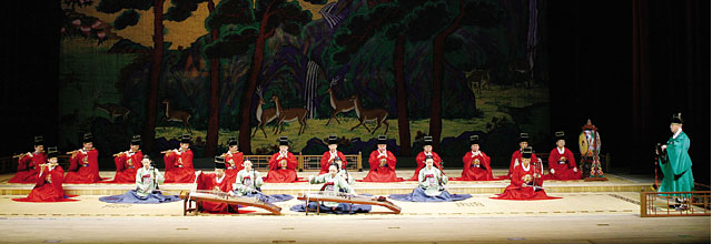 Ensemble of national traditional music performing Sujecheon (Long Life as Eternal as the Heavens)