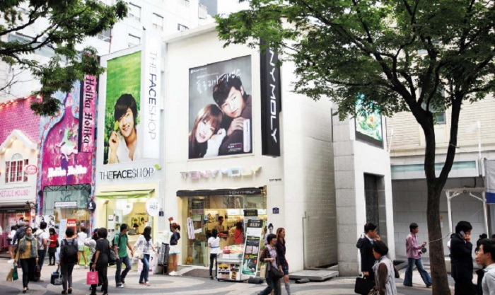 The most popular shopping district in Seoul, Myeongdong, is lined with cosmetic stores. 