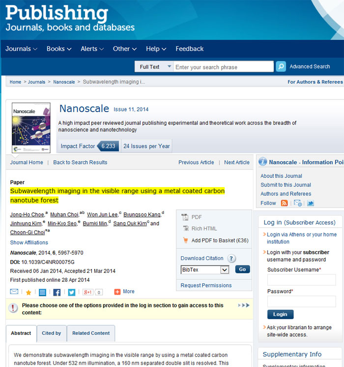 A captured image of the April 28 edition of Nanoscale, an international journal published by the U.K.-based Royal Society of Chemistry.