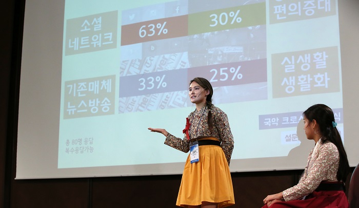 Sumiya Burtujin, a Mongolian student at Kyung Hee University and a member of Team <i>Chapssaltteok</i>, talks about gugak music and gugak crossover music in the <i>Cheongchuninmun Nonjangpan</i> competition.