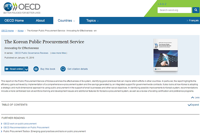 KONEPS received international recognition for its ‘best practices’ from international organizations such the U.N. and the OECD. The OECD and the PPS also jointly published a report on innovative cases in public procurement in March 2016.