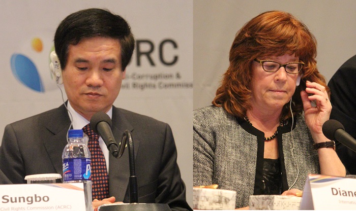Clockwise from upper left: Former Chairperson of the Anti-Corruption & Civil Rights Commission (ACRC) Kim Young-ran, President of the Asian Ombudsman Association (AOA) Panit Nitithanprapas, Vice President of the International Ombudsman Institute Diane Welborn and lastly, ACRC Chairman Lee Sung-bo. (photos: Wi Tack-whan)