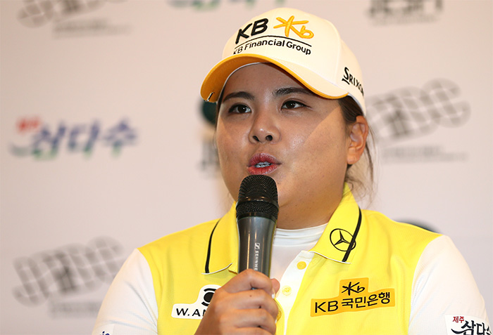 South Korean golfer Park In-bee speaks at a press conference at Ora Country Club in Jeju on Aug. 4, 2016, a day before the opening of the Jeju Samdasoo Masters. The KLPGA Tour event will be Park's final tune-up before heading to the Rio de Janeiro Summer Games. (Yonhap)