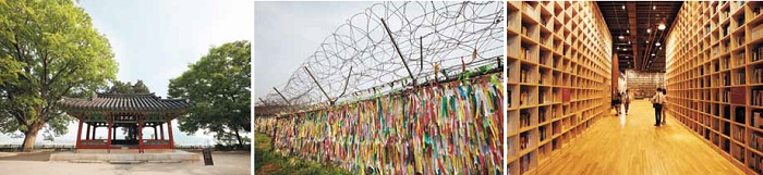 The Hwaseokjeong Pavilion sits in Paju. (left) Prayer ribbons are tied to the fence at Imjingak Park by visitors wishing peace and unification on the Korean Peninsula. (center) A public library at Paju BookCity.