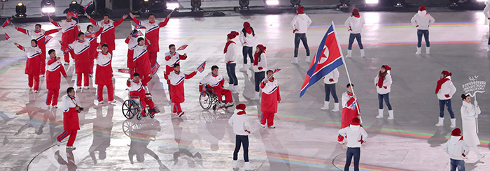 North Korea enters the PyeongChang Olympic Stadium during the Opening Ceremony for the PyeongChang 2018 Paralympic Winter Games on March 9. (Heo Man-jin, Ministry of Culture, Sports and Tourism)
