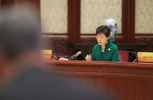 President Park Geun-hye speaks during the APEC Leaders’ Meeting on November 11 in Beijing. 