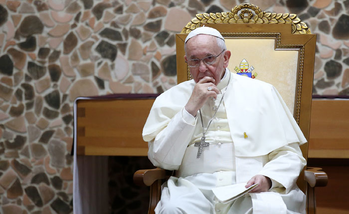Pope Francis listens to the bishops from across Asia during the meeting.