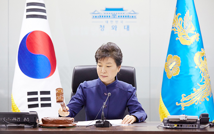 President Park Geun-hye presides over a meeting of the National Security Council at the presidential office Cheong Wa Dae in Seoul on Feb. 7, 2016, as North Korea launched a long-range rocket in a move widely viewed as a disguised ballistic missile test.