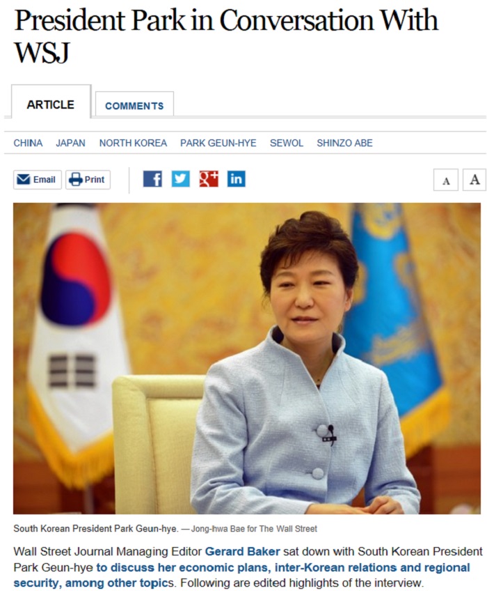 Wall Street Journal publishes an article about what President Park Geun-hye had to say in a May 28 interview. (captured image from WSJ)