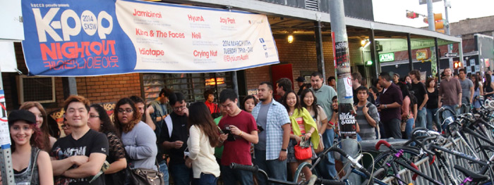 People queue up at Elysium, the venue for the K-pop Night Out live concert on March 12.