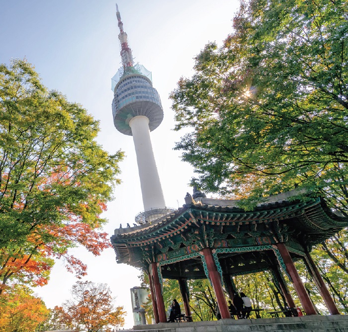 N Seoul Tower towering over Palgakjeong Pavilion on Mt. Namsan