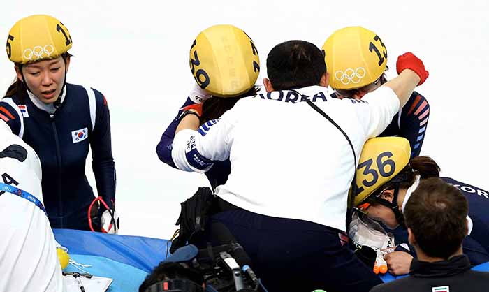 The ladies’ short track team sheds tears of joy after winning the gold in the ladies’ 3,000 meter relay at the Sochi Olympics. This is Team Korea’s first win in eight years in the ladies’ short track relay, ever since the 2006 Torino Olympics. (photo courtesy of the Korean Olympic Committee)