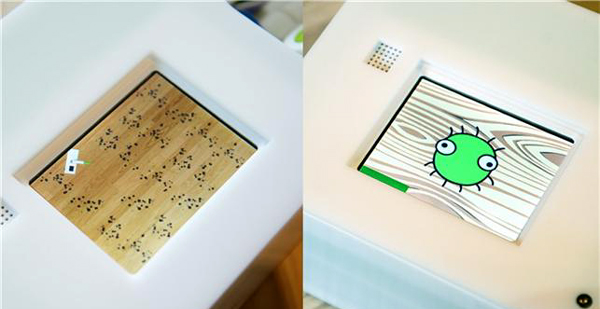 The mop-user can check the display (left) to see how and where the online mop has cleaned. Also, when in game mode, the user can move the mop toward the targets onscreen. 