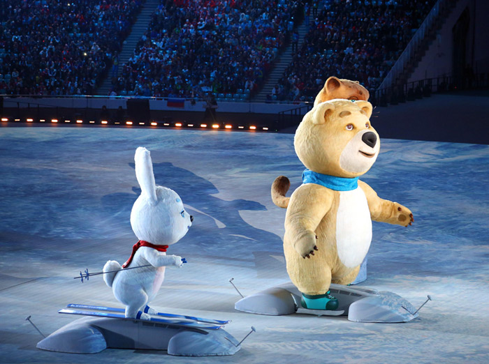 The mascots of the 2014 Sochi Winter Olympics meet the audience during the opening ceremony on February 7. (Photo courtesy of the Korean Olympic Committee)