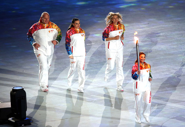 The Olympic torch is delivered by Russian sports stars during the opening ceremony in Fisht Olympic Stadium at the Sochi 2014 Olympic Games, Sochi, Russia, on February 7. (Photo courtesy of the Korean Olympic Committee)