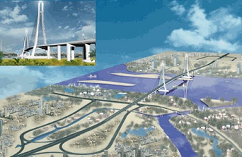 A virtual bird’s-eye view of the Vam Cong Bridge that crosses the Hau River in the Vam Cong region of southern Vietnam. 