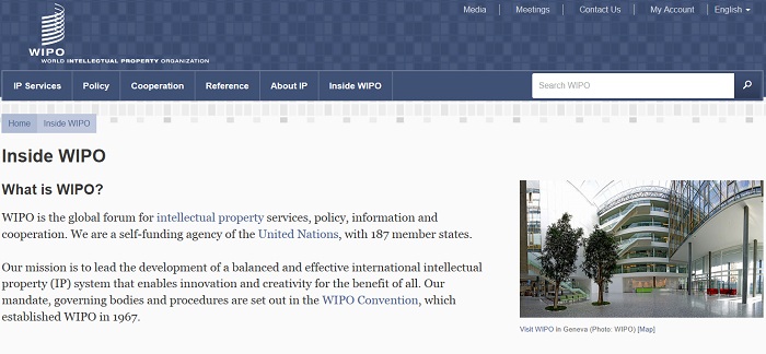 The World Intellectual Property Organization (WIPO) leads the development of a balanced and effective international intellectual property system. (captured image of the front page of the WIPO website)