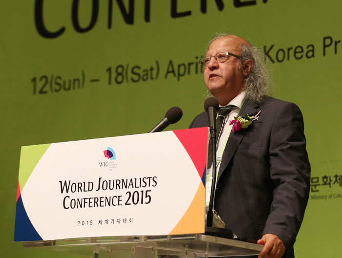 President of the International Federation of Journalists Jim Boumelha puts an emphasis on the safety of journalists around the world and on the importance of balanced reporting, during the opening ceremony of the World Journalists Conference 2015.