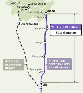 The map shows the Suseo High Speed Railway and the Yulhyeon Tunnel.