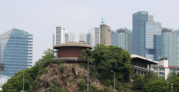 The Jeoldusan Martyrs' Shrine can be seen from the ferry.