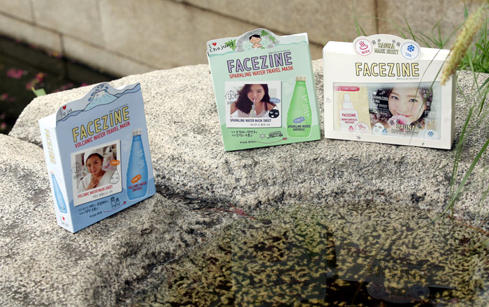 The two mask sets on the left are made from Korea-only ingredients, such as carbonated water and seawater from lava rocks on Jeju Island. The mask set on the right has a 'sauna-like' effect that warms up the face.