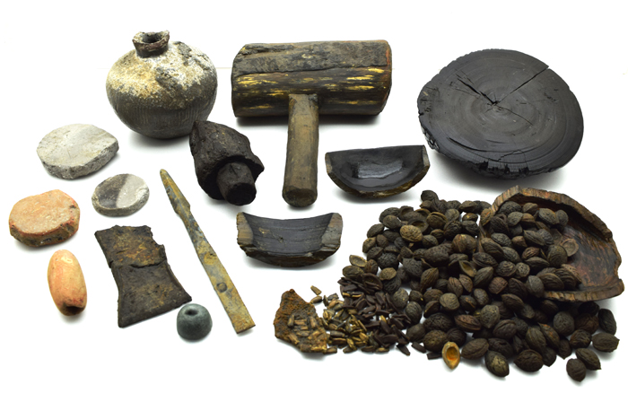 An underground wooden storage area is excavated at the Gongsanseong Fortress in Gongju, Chungcheongnam-do. Inside, there are grains, including peach seeds, pumpkin seeds, shellfish, woodenwares and a wooden hammer. (photos: the CHA) 