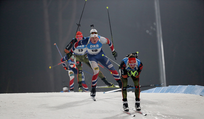 Athletes race during the men’s 12.5 km pursuit event in the IBU Biathlon World Cup at the Alpensia Biathlon Center in Pyeongchang, Gangwon-do Province, on March 4.