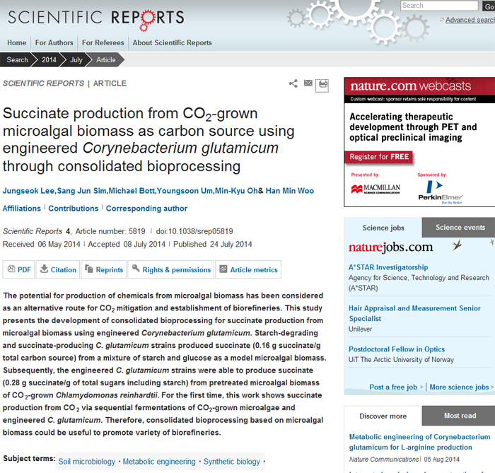 The research results about the development of a technology that can produce succinate, a raw material used to make bioplastics, out of CO2-grown microalgal biomass, is published on July 24 in Scientific Reports, a sister-magazine of Nature. 