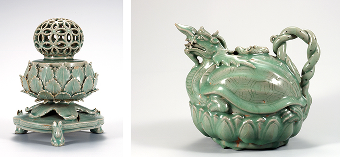 (From left) A celadon incense burner with an openwork cloisonne design, National Treasure No. 95; A turtle-dragon celadon pitcher, National Treasure No. 96 