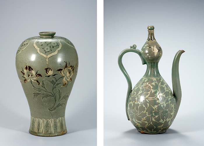 (From left) A celadon vase with an inlaid peony design, National Treasure No. 346; a gourd-shaped celadon pitcher with an inlaid peony scroll design, National Treasure No. 116 (Photos courtesy of the National Museum of Korea)