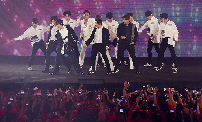 Pop sensation Super Junior performs during the Closing Ceremony of the 2018 Asian Games, in Jakarta on Sept. 2.
