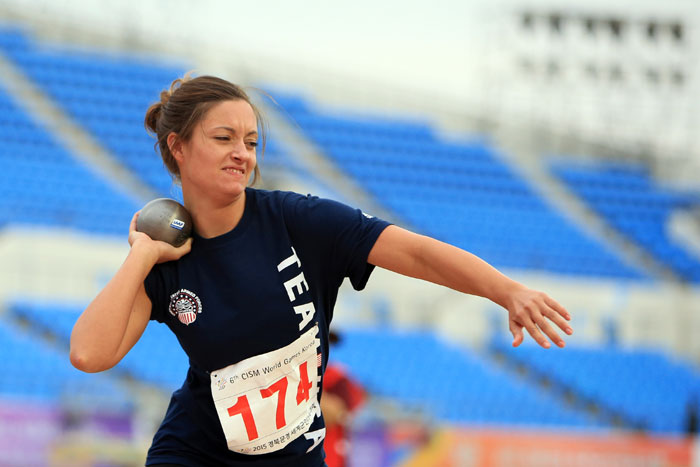U.S. Army Sergeant Elizabeth Wasil throws the shot on Oct. 4 at the 2015 CISM World Games in Mungyeong.