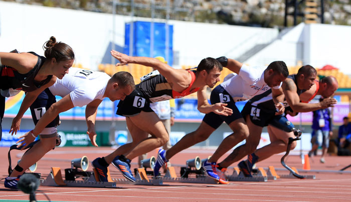 Finalists in the 100-meter race for wounded veterans leave their starting blocks on Oct. 5 at the 2015 CISM World Games currently underway in Mungyeong.