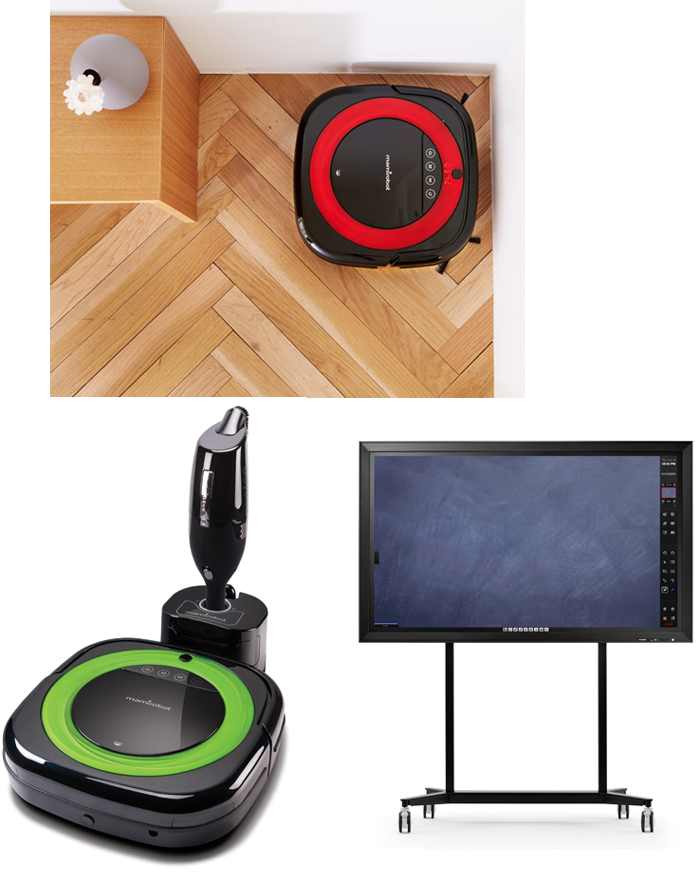  (Clockwise from top) Yujin Robot's Arte robot vacuum cleaner, HDIT's smart board, and Mamirobot's Curling robot cleaner 