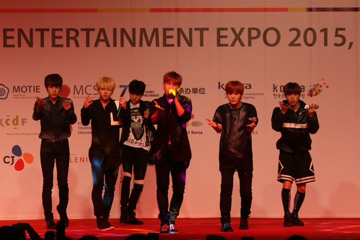 The pop group Infinite performs during the opening ceremony of the Korea Brand & Entertainment Expo 2015, at Intex Shanghai on Aug. 27.